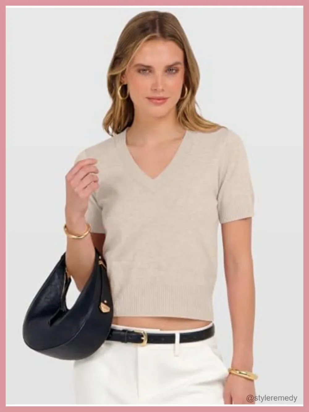 Short Sleeve V-Neck Cropped Ribbed Knit Sweater Pullover for Women Business